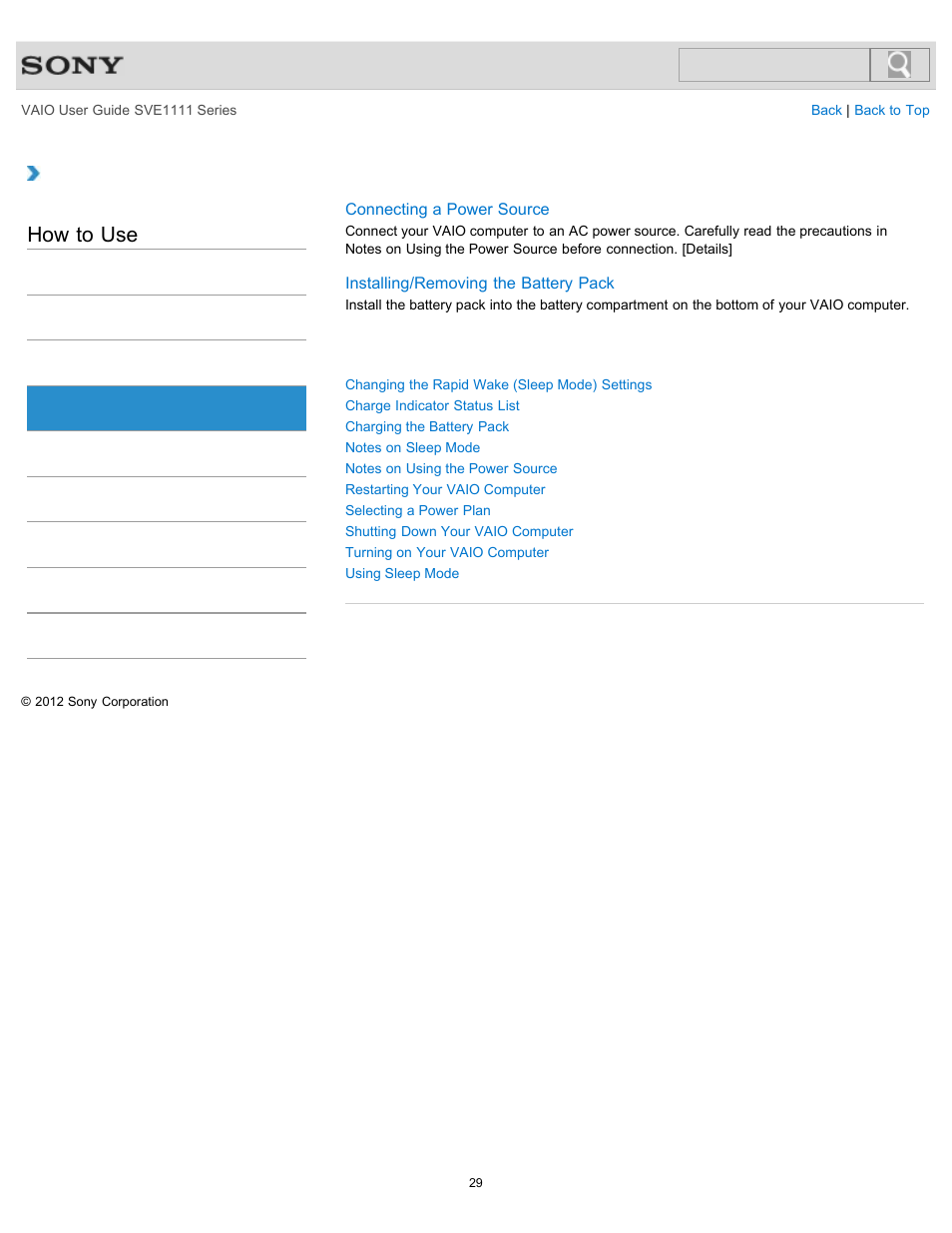 Power, How to use | Sony SVE11113FXW User Manual | Page 29 / 346