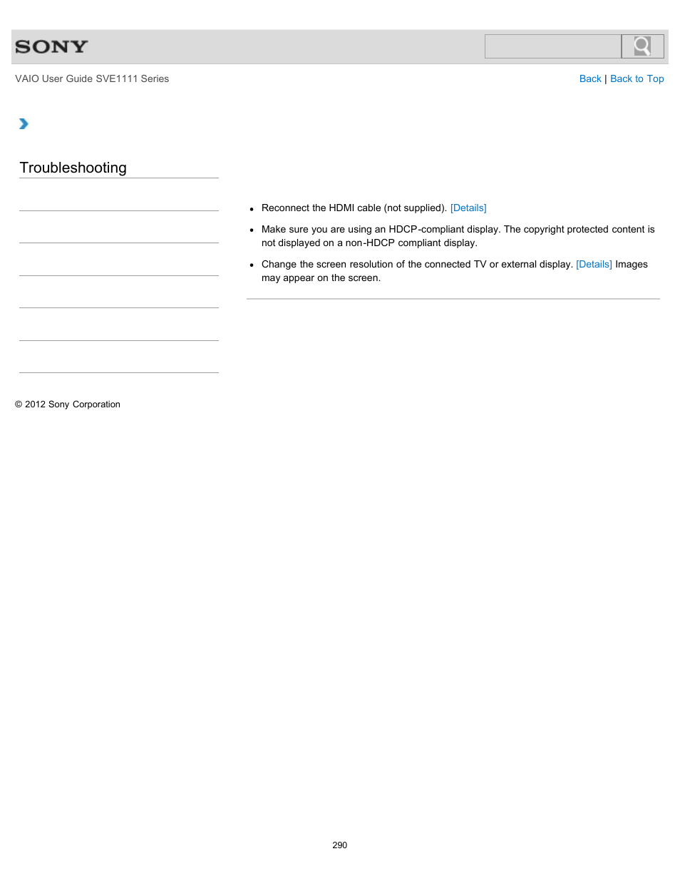 Connected to the hdmi output port, Troubleshooting | Sony SVE11113FXW User Manual | Page 290 / 346