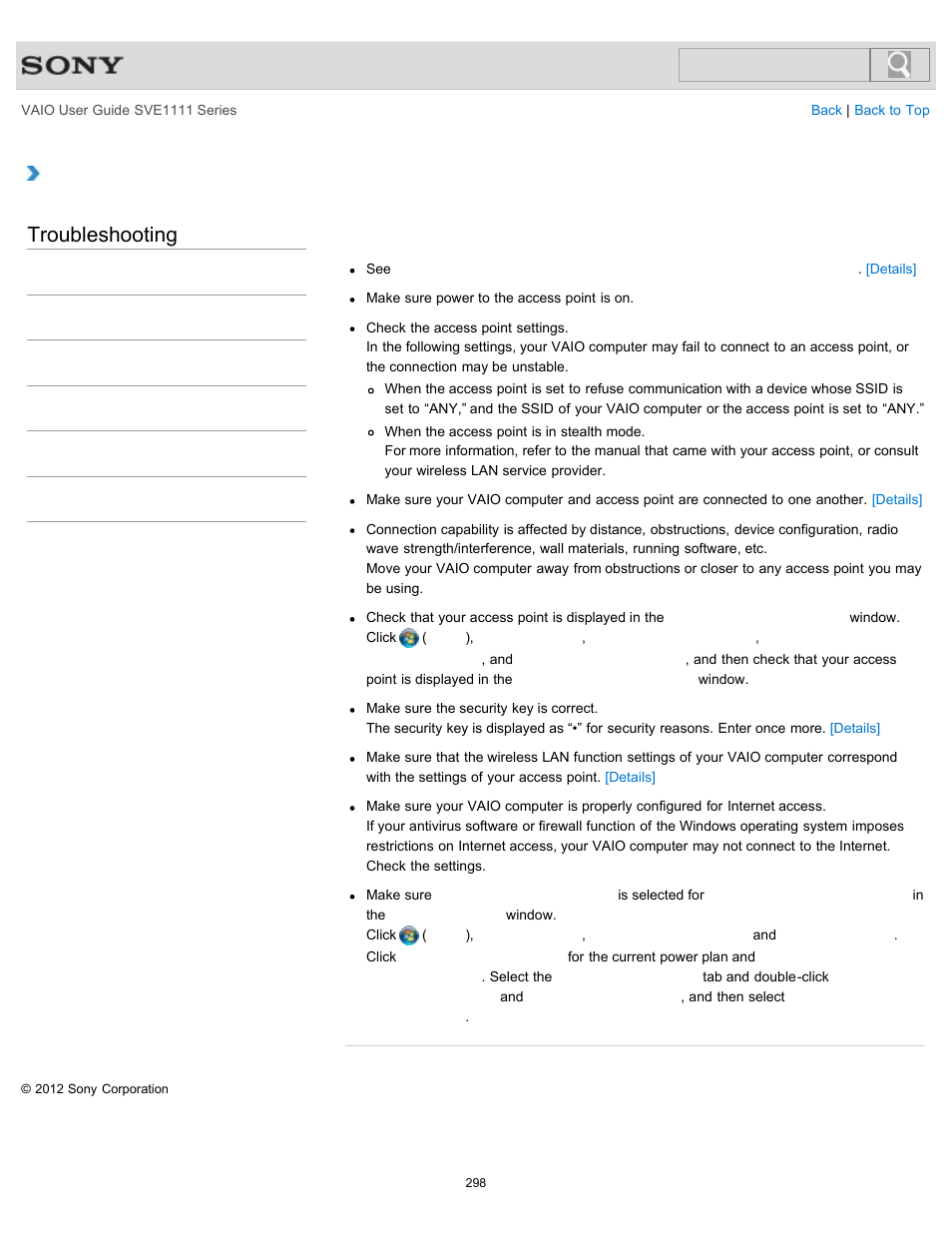 The internet), Troubleshooting | Sony SVE11113FXW User Manual | Page 298 / 346