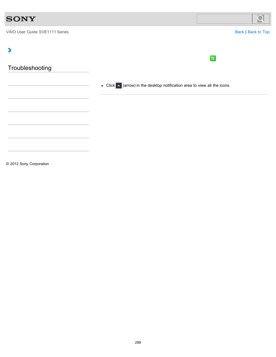 Notification area, Troubleshooting | Sony SVE11113FXW User Manual | Page 299 / 346