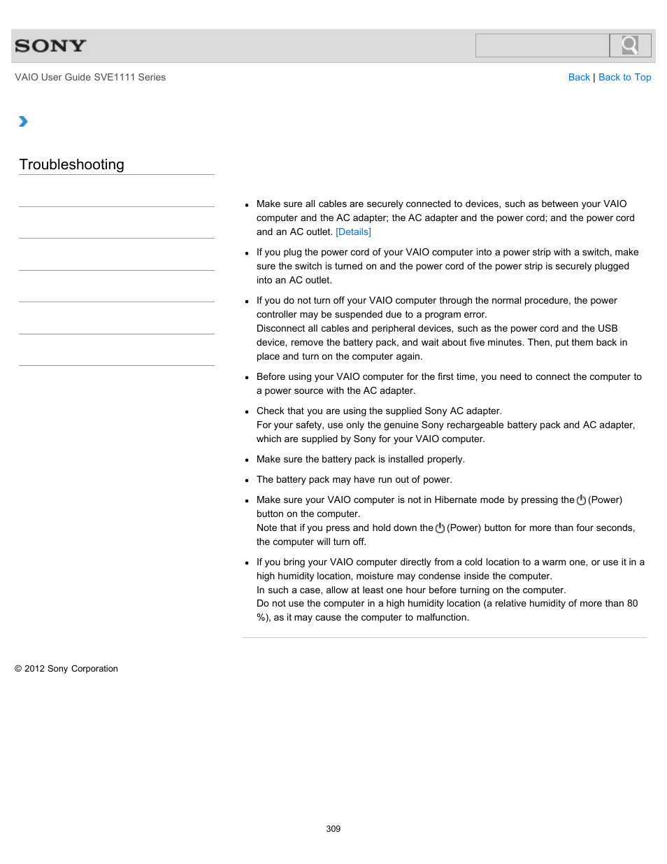 Light does not turn on in green), Troubleshooting | Sony SVE11113FXW User Manual | Page 309 / 346