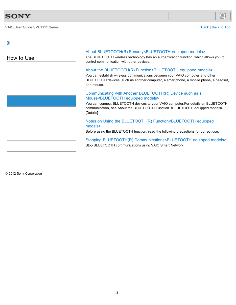 Bluetooth, How to use | Sony SVE11113FXW User Manual | Page 31 / 346