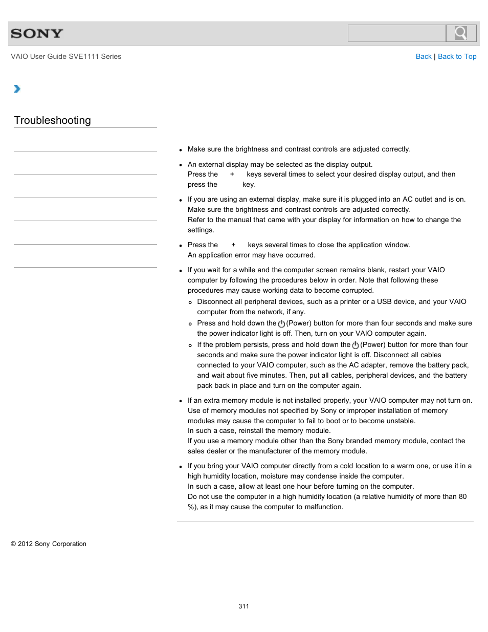 Power button but the screen remains blank, Troubleshooting | Sony SVE11113FXW User Manual | Page 311 / 346