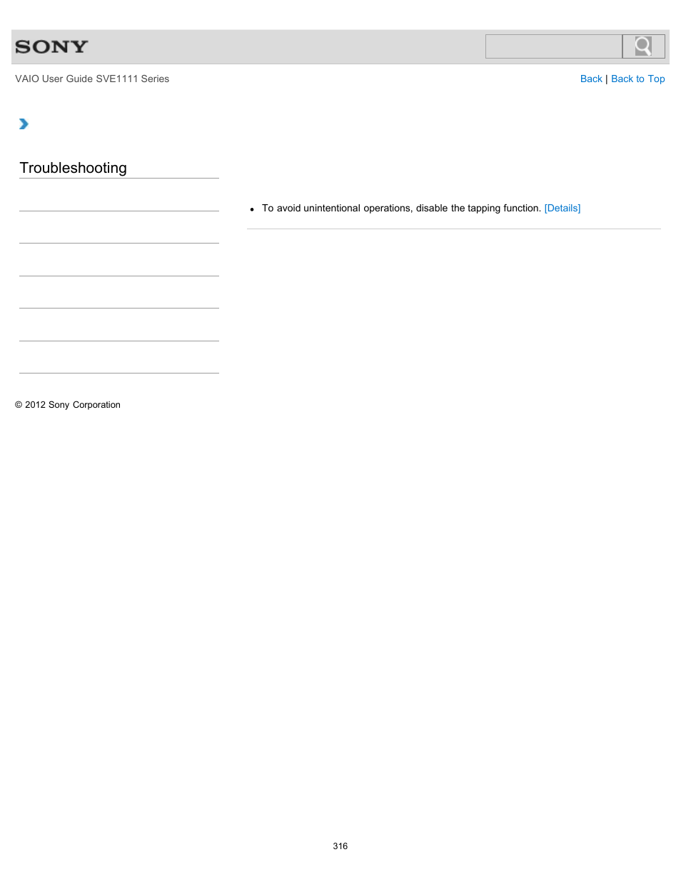 Light touch on the touch pad, Troubleshooting | Sony SVE11113FXW User Manual | Page 316 / 346