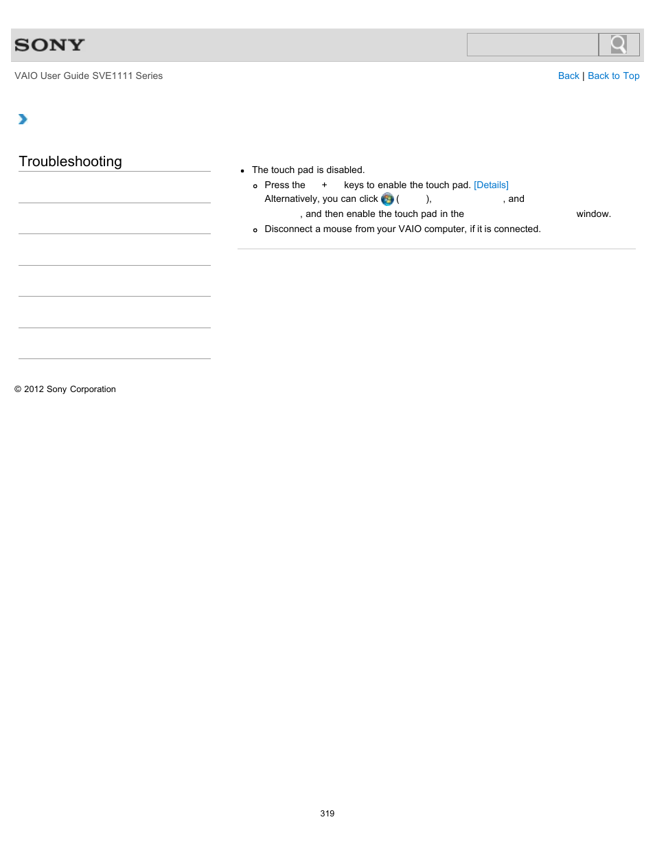 Why can’t i use the touch pad, Details, Troubleshooting | Sony SVE11113FXW User Manual | Page 319 / 346