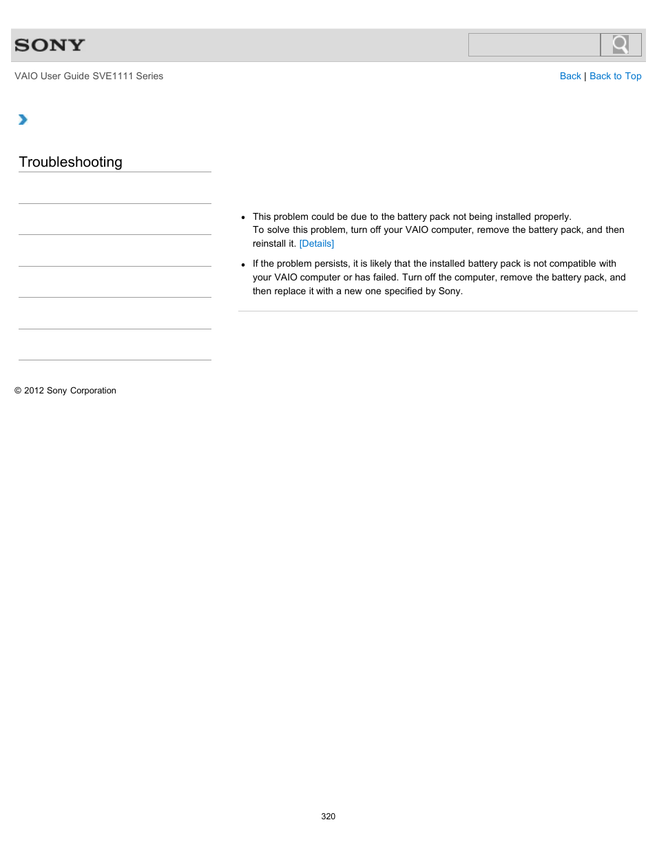 Enters hibernate mode, Troubleshooting | Sony SVE11113FXW User Manual | Page 320 / 346