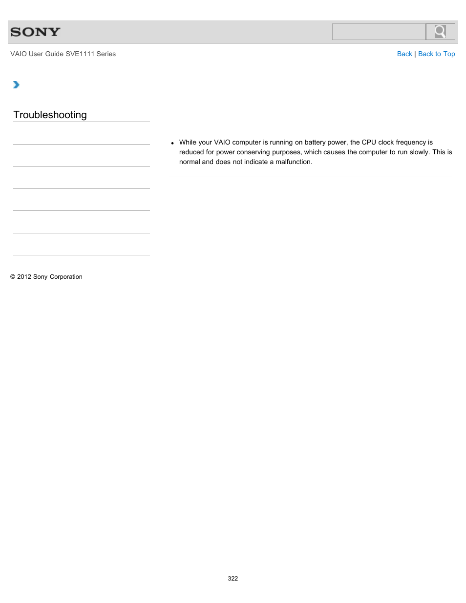 While the computer is running on battery power, Troubleshooting | Sony SVE11113FXW User Manual | Page 322 / 346