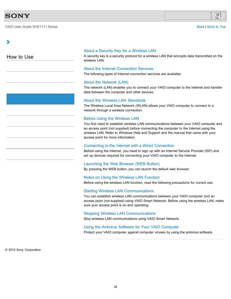 Internet, How to use | Sony SVE11113FXW User Manual | Page 34 / 346