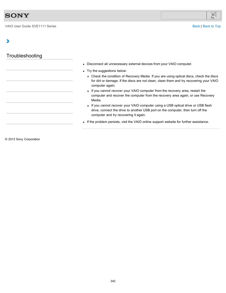 Troubleshooting | Sony SVE11113FXW User Manual | Page 342 / 346