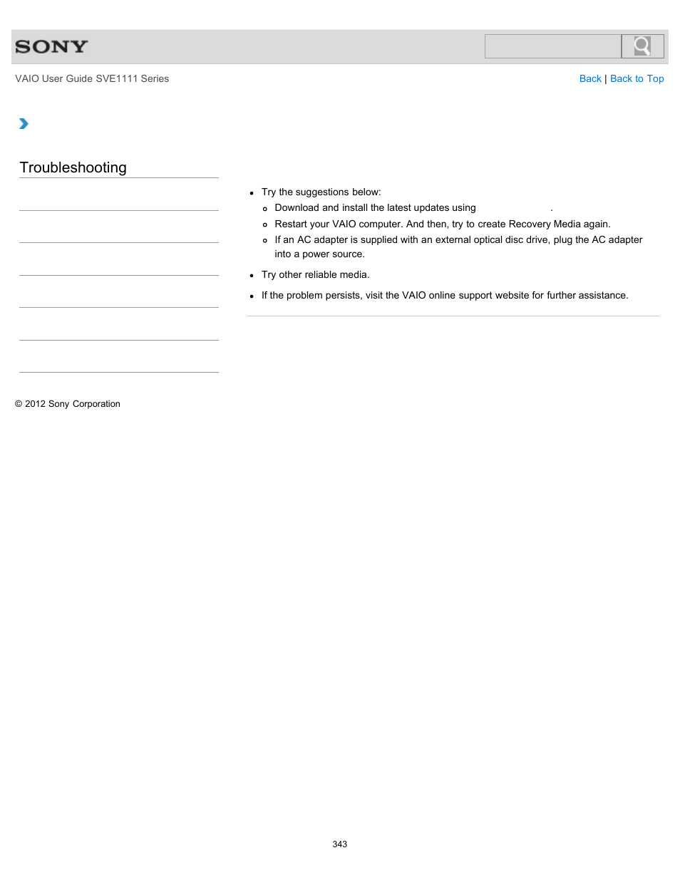 What should i do if i cannot create recovery media, Troubleshooting | Sony SVE11113FXW User Manual | Page 343 / 346