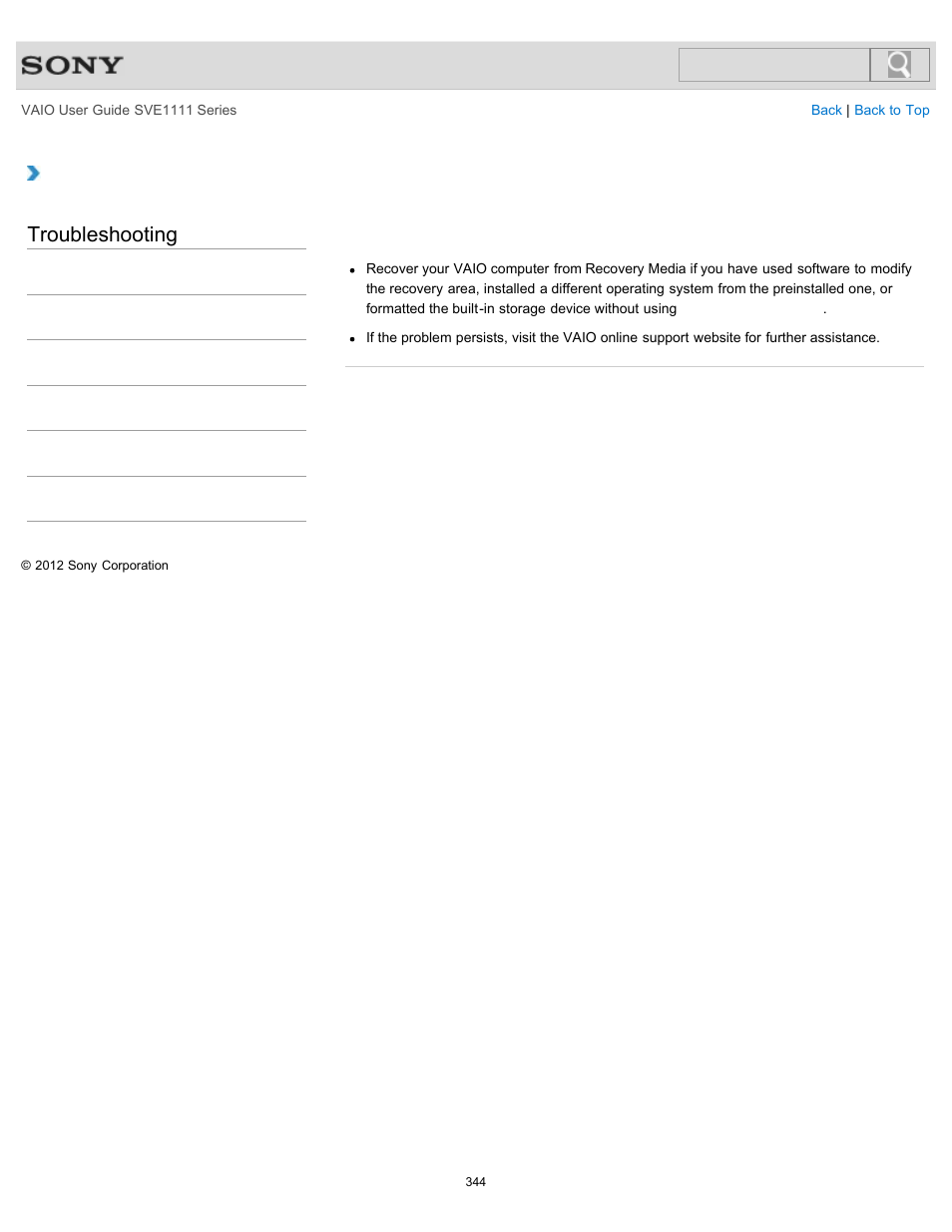 Area, Troubleshooting | Sony SVE11113FXW User Manual | Page 344 / 346