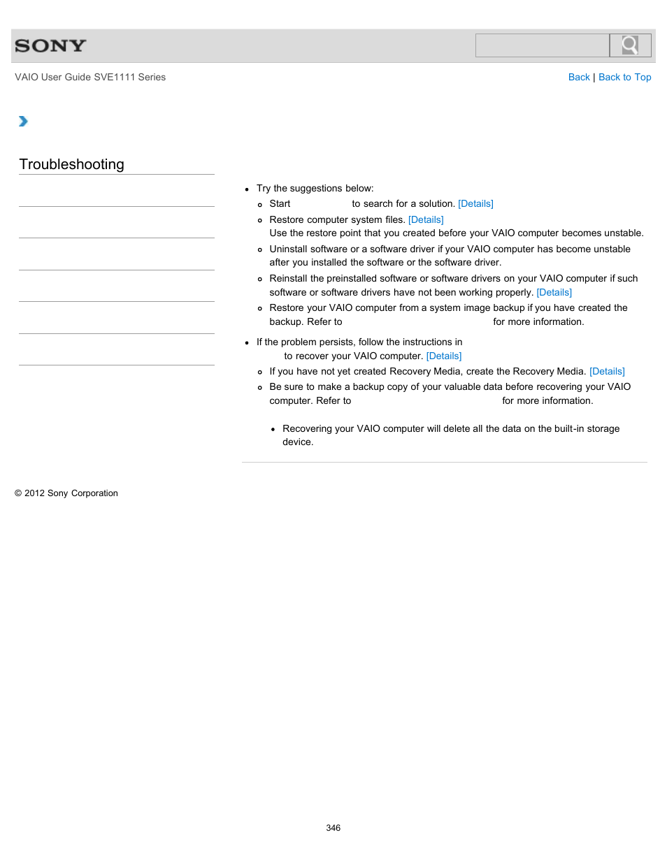 Troubleshooting | Sony SVE11113FXW User Manual | Page 346 / 346