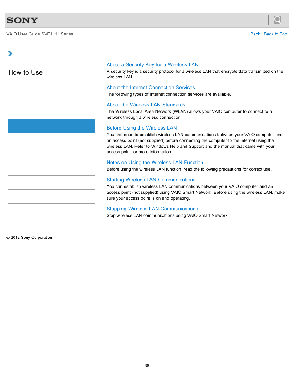 Wireless lan, How to use | Sony SVE11113FXW User Manual | Page 38 / 346