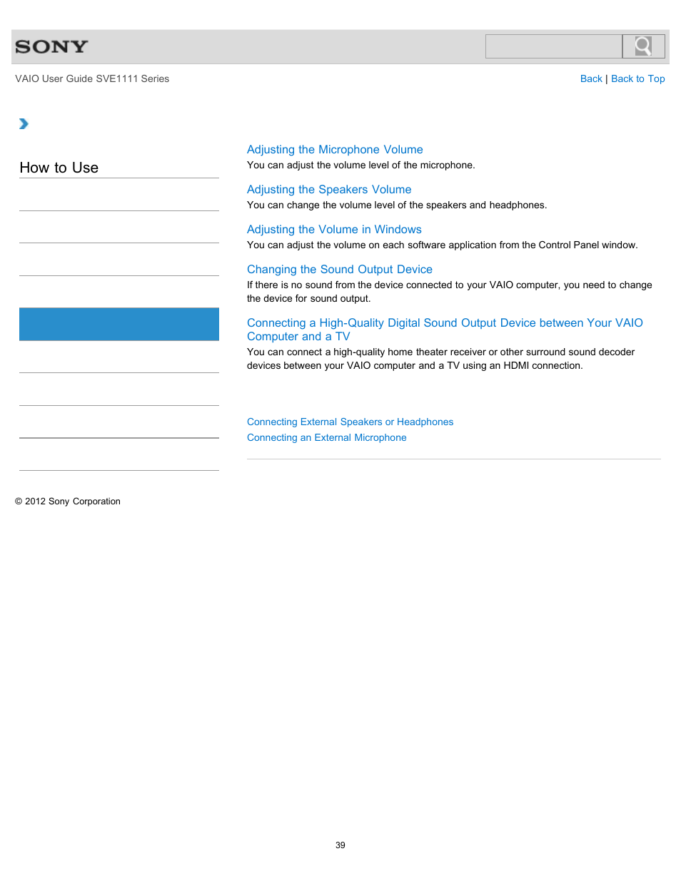 Audio, How to use | Sony SVE11113FXW User Manual | Page 39 / 346