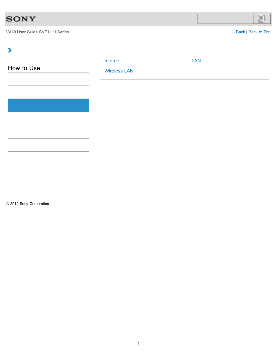 Network / internet, How to use | Sony SVE11113FXW User Manual | Page 4 / 346