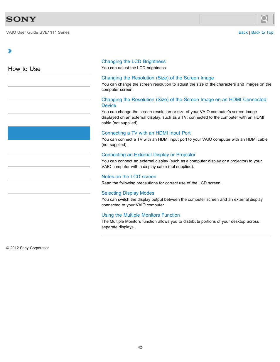 Display, How to use | Sony SVE11113FXW User Manual | Page 42 / 346