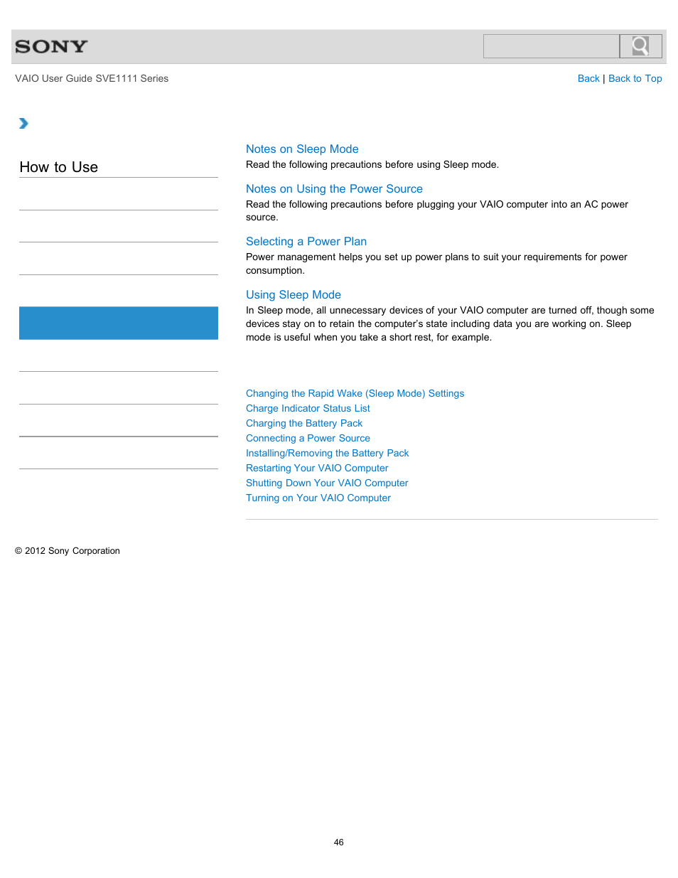 Power, How to use | Sony SVE11113FXW User Manual | Page 46 / 346