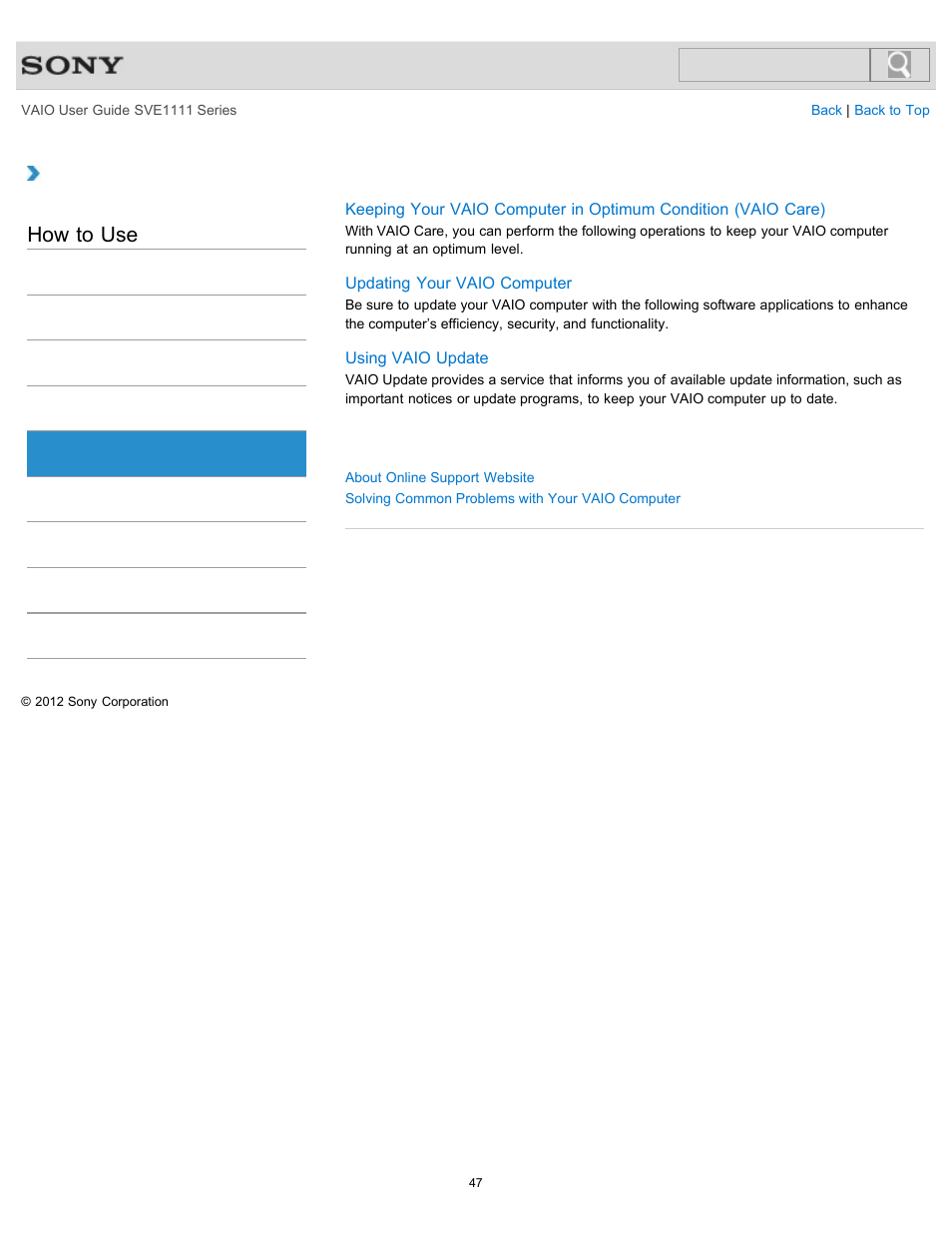 Service and support, How to use | Sony SVE11113FXW User Manual | Page 47 / 346