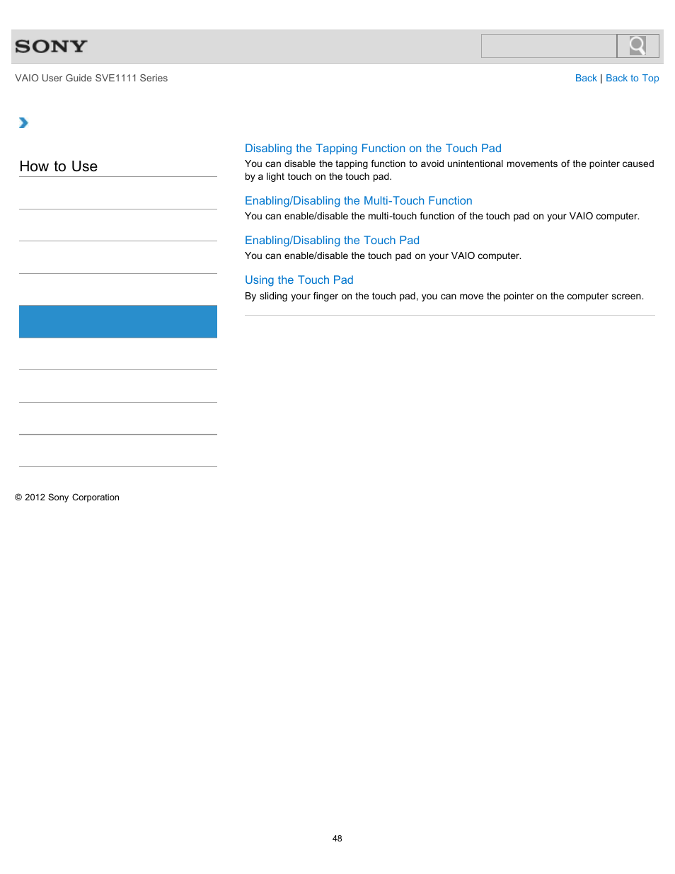 Touch pad, How to use | Sony SVE11113FXW User Manual | Page 48 / 346