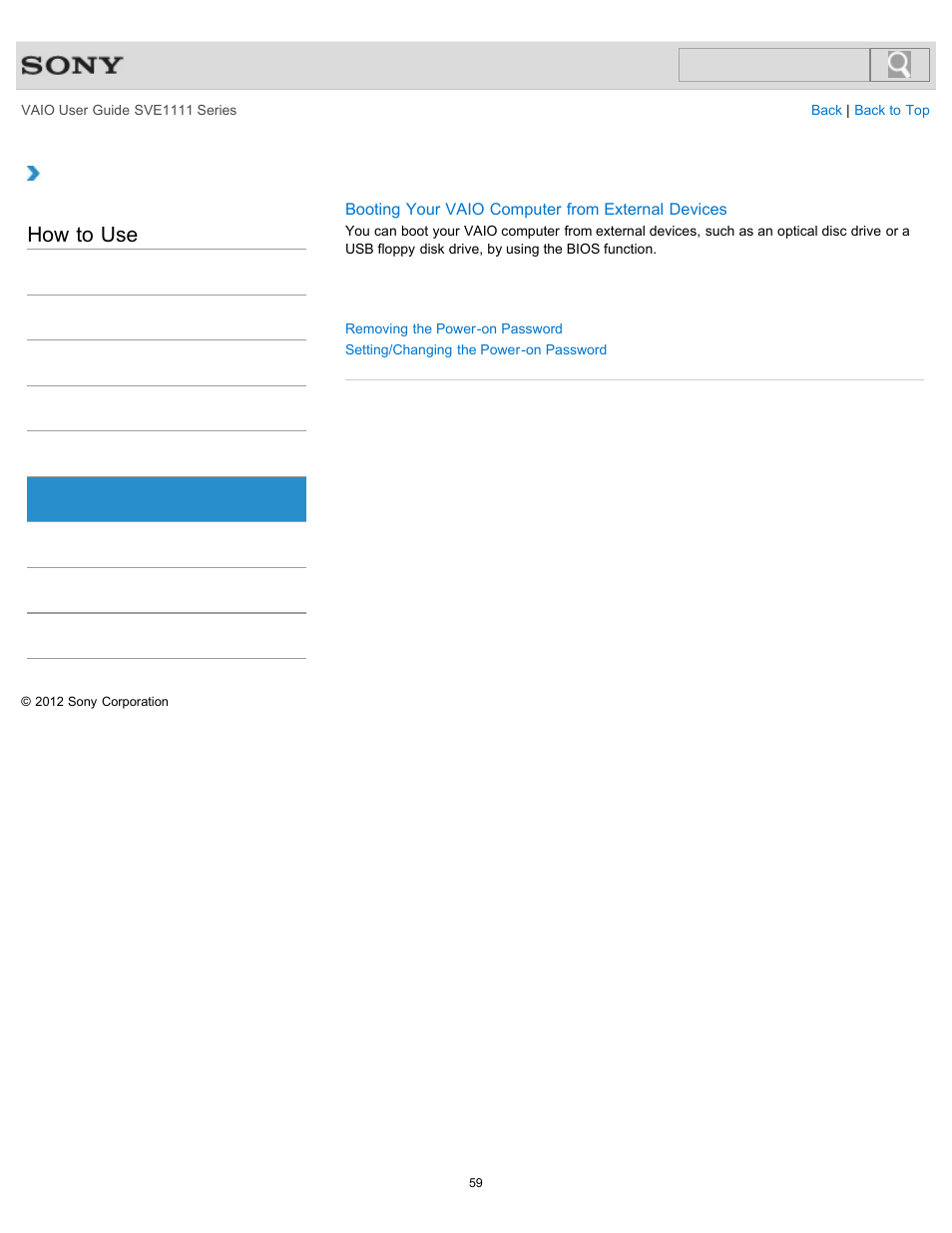 Bios, How to use | Sony SVE11113FXW User Manual | Page 59 / 346