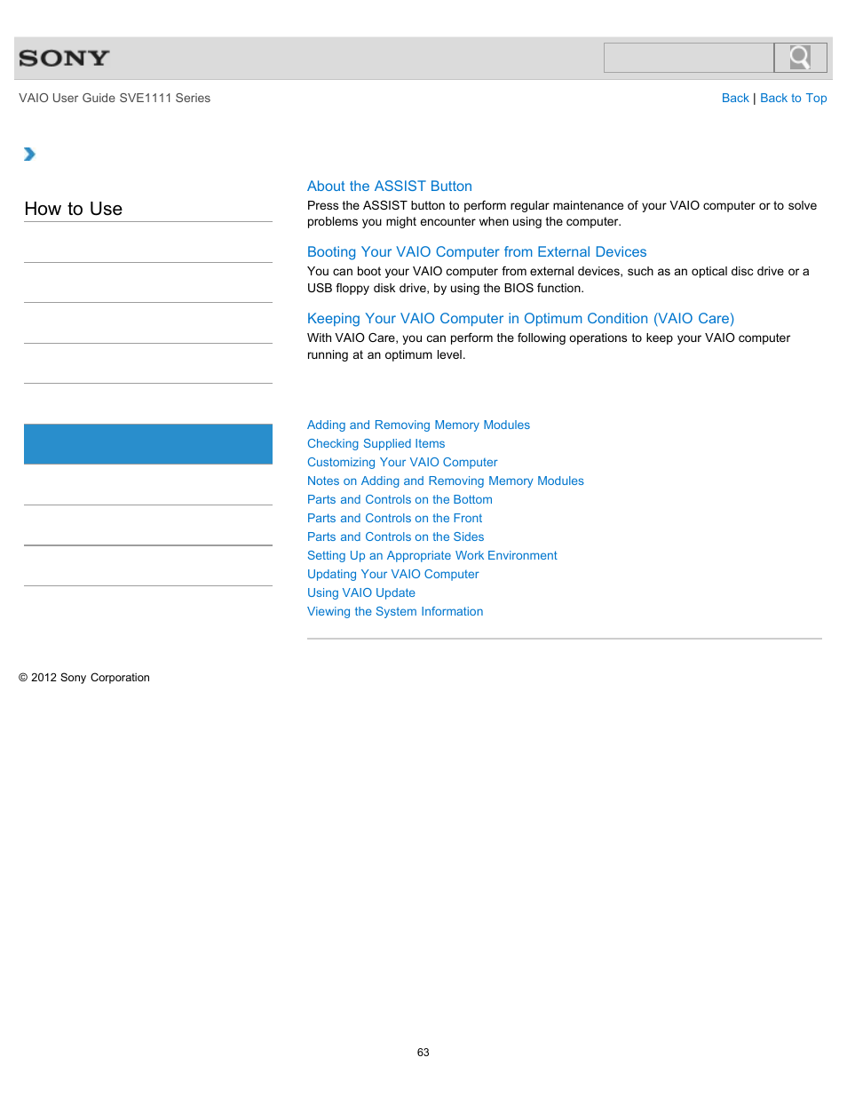 Vaio computer, How to use | Sony SVE11113FXW User Manual | Page 63 / 346