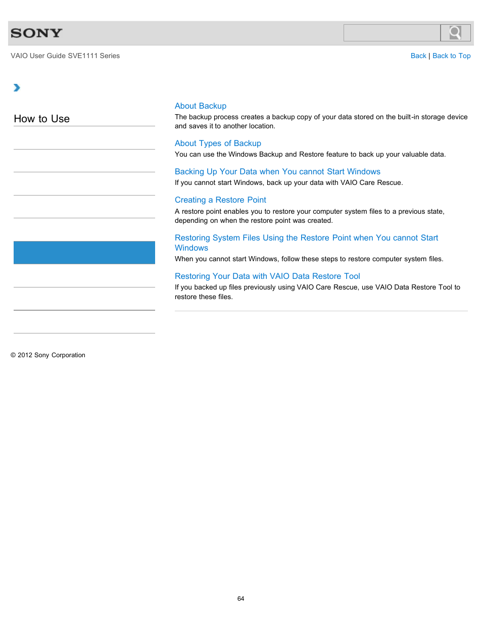 Backup, How to use | Sony SVE11113FXW User Manual | Page 64 / 346