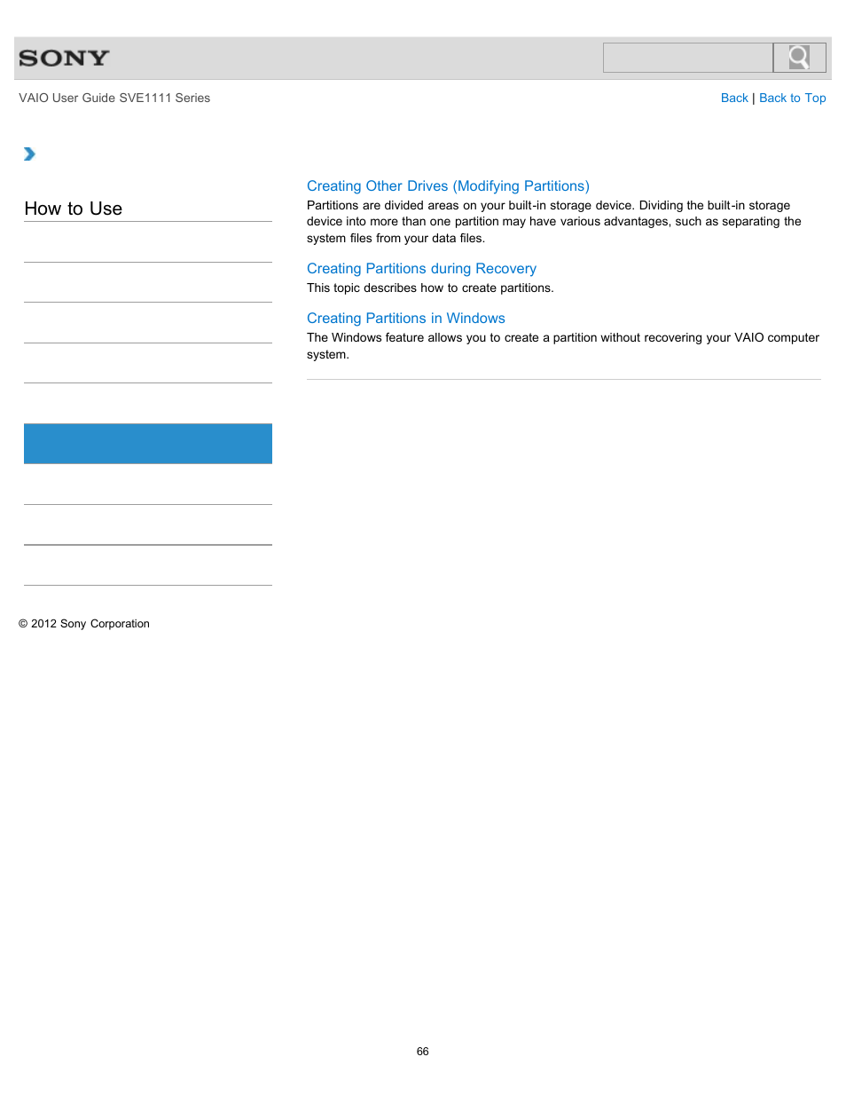 Partition, How to use | Sony SVE11113FXW User Manual | Page 66 / 346