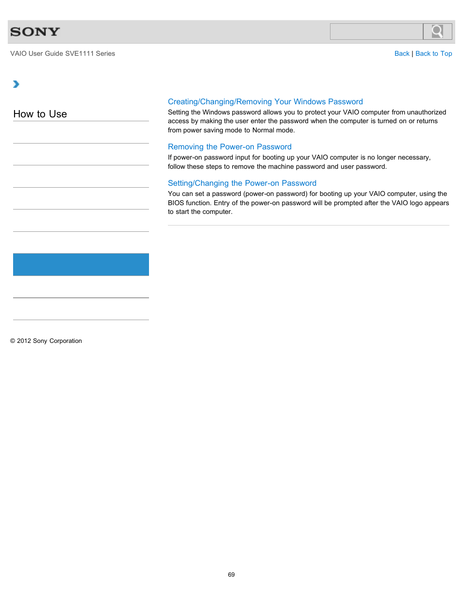 Password, How to use | Sony SVE11113FXW User Manual | Page 69 / 346