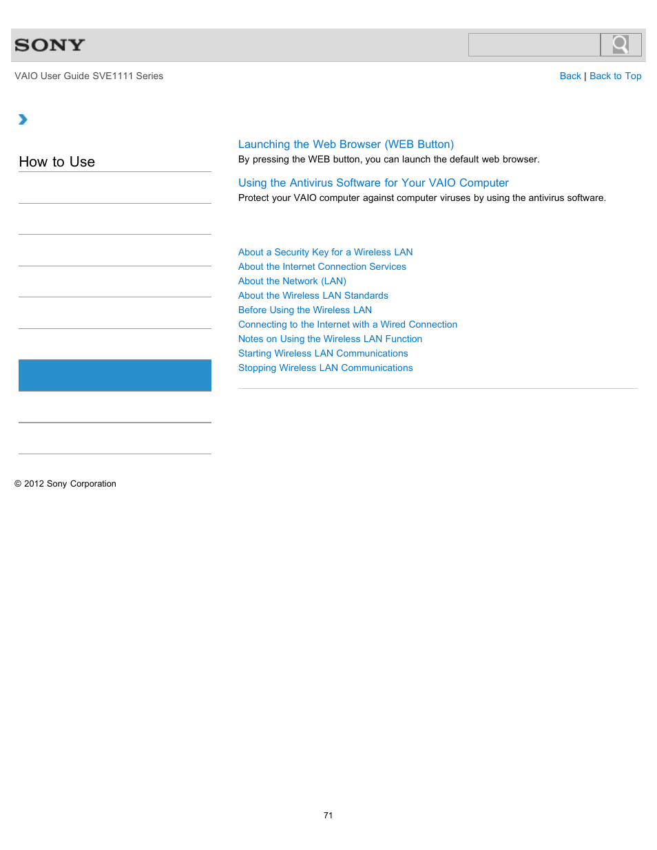 Internet, How to use | Sony SVE11113FXW User Manual | Page 71 / 346