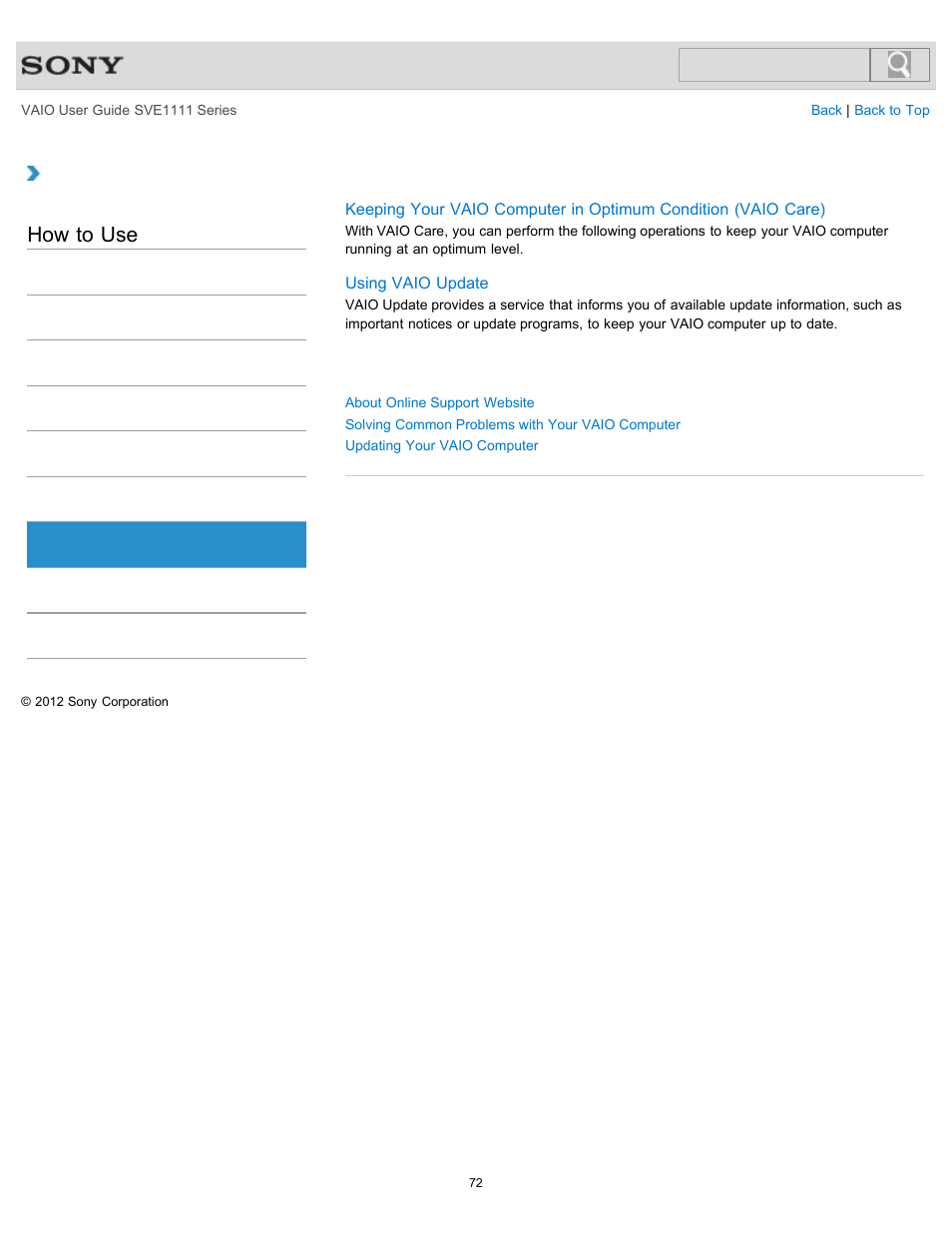 Service and support, How to use | Sony SVE11113FXW User Manual | Page 72 / 346