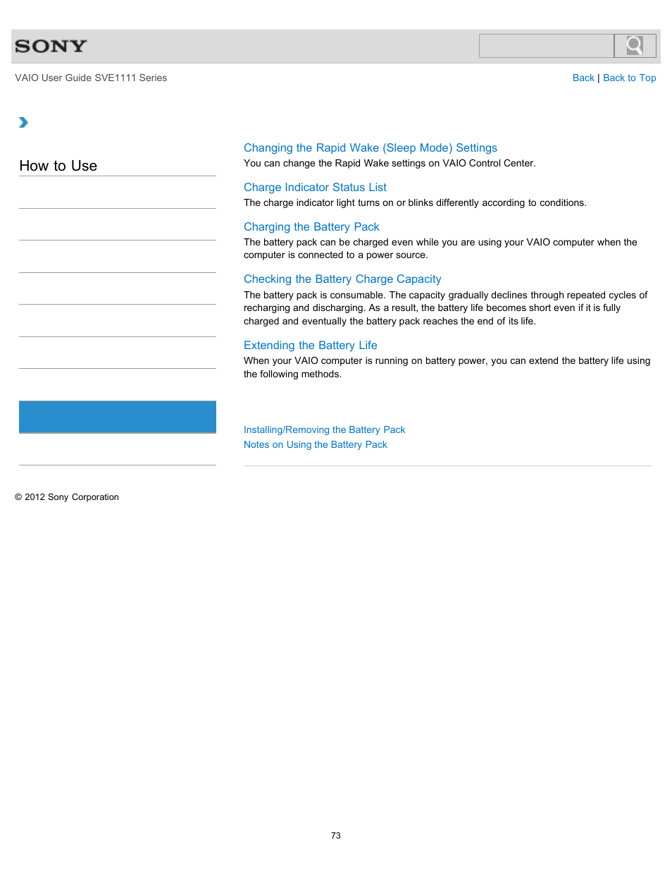 Battery, How to use | Sony SVE11113FXW User Manual | Page 73 / 346