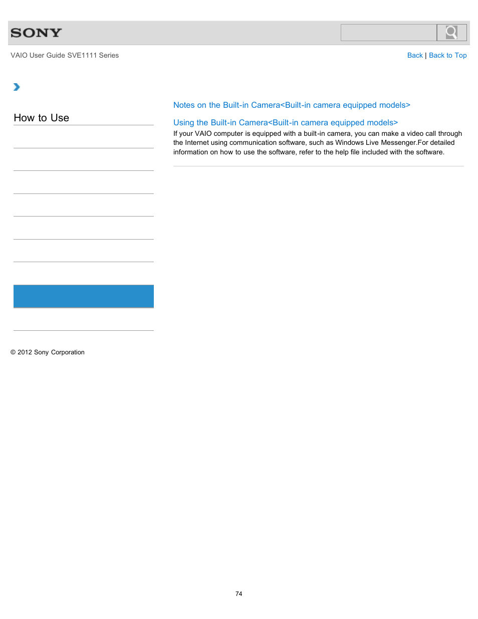 Camera, How to use | Sony SVE11113FXW User Manual | Page 74 / 346