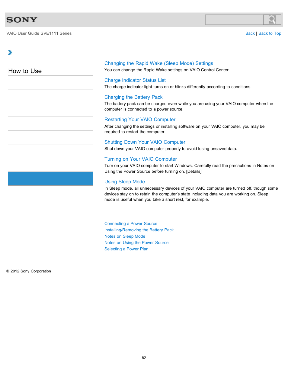 Power, How to use | Sony SVE11113FXW User Manual | Page 82 / 346