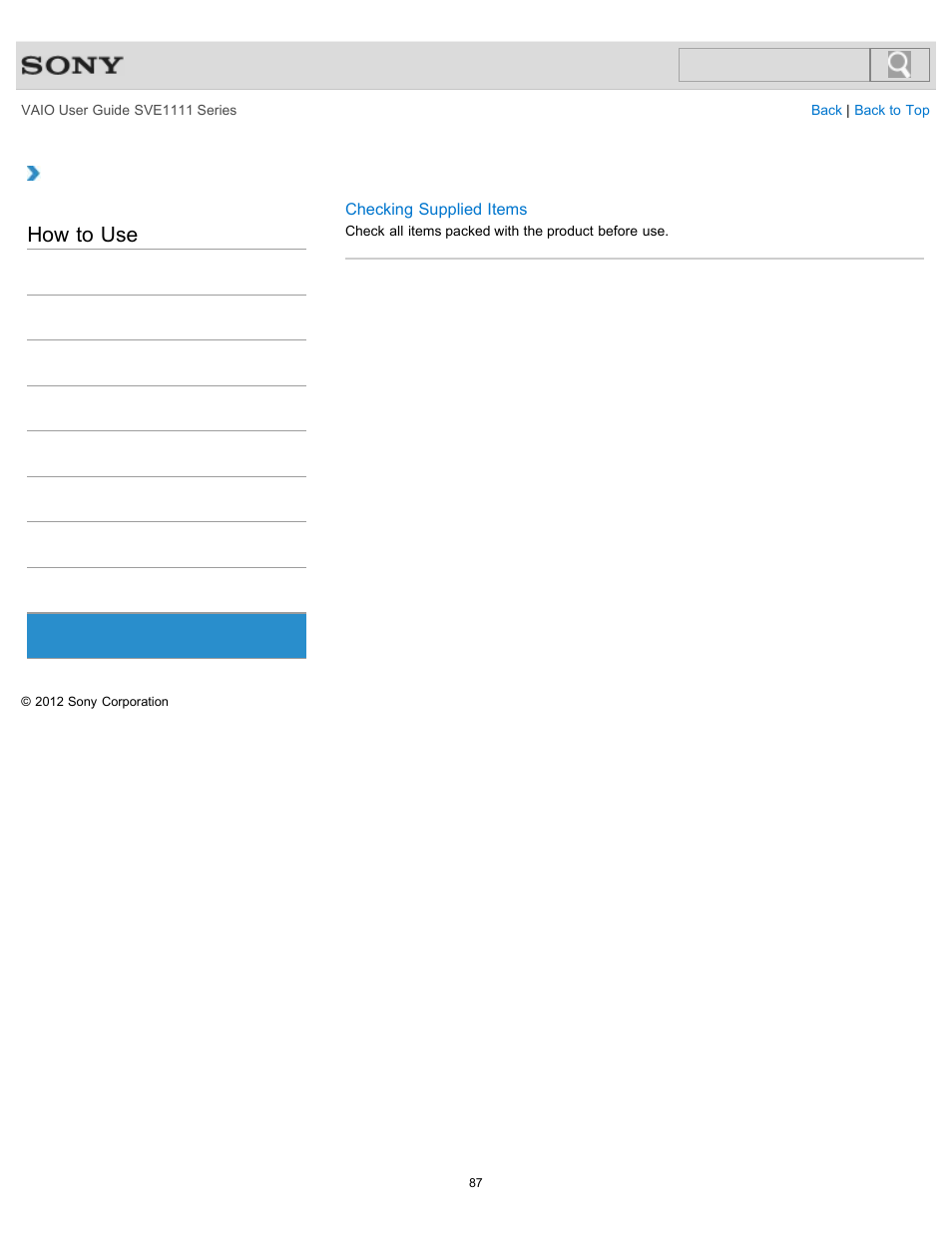 Supplied items, How to use | Sony SVE11113FXW User Manual | Page 87 / 346