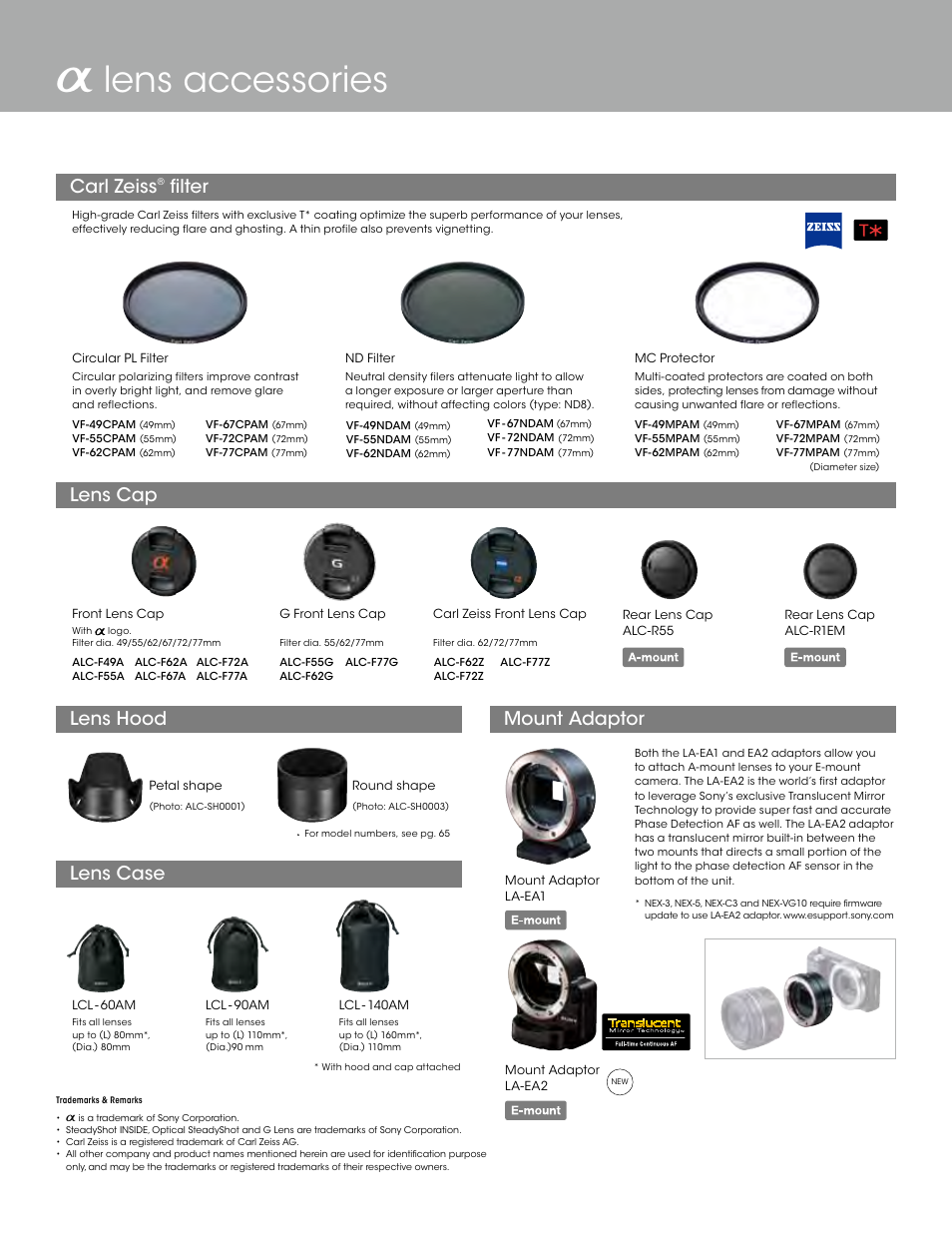 Alens accessories, Lens hood lens cap, Lens case mount adaptor carl zeiss | Filter | Sony ALC-F62A User Manual | Page 34 / 35