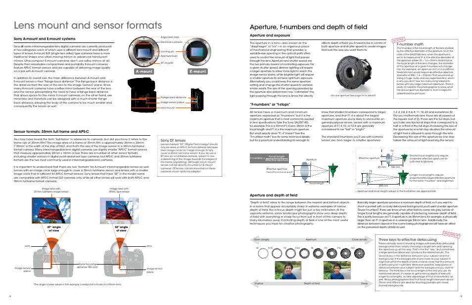 Lens mount and sensor formats, Aperture, f-numbers and depth of field, Aperture and exposure | Aperture and depth of field, F-numbers” or “f-stops, F-number math, Three keys to effective defocusing, Sensor formats: 35mm full frame and aps-c, Sony a-mount and e-mount systems, Sony dt lenses | Sony ALC-F62A User Manual | Page 5 / 35