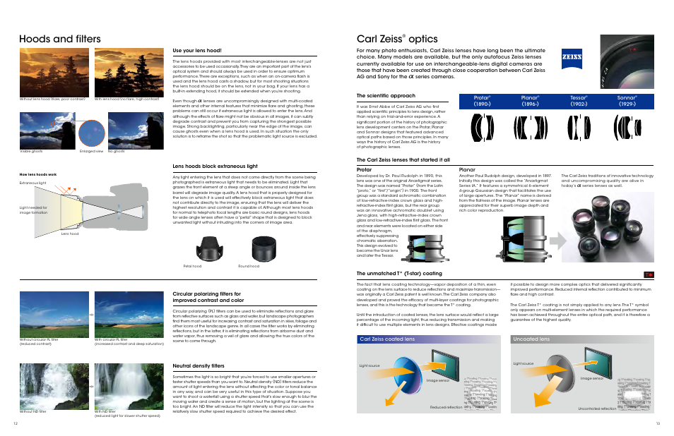Carl zeiss, Optics, Hoods and filters | Sony ALC-F62A User Manual | Page 7 / 35
