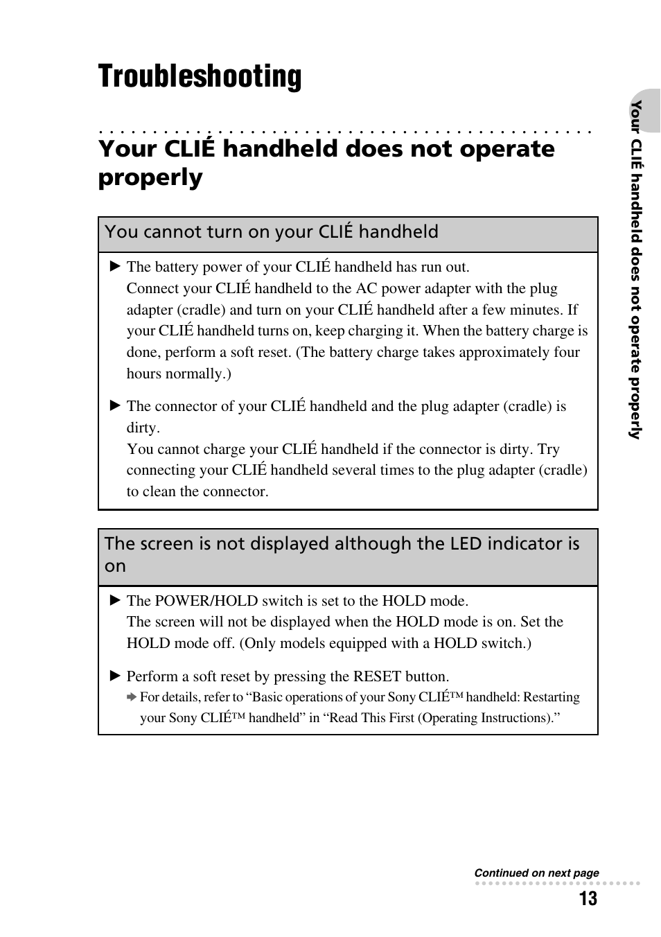 Troubleshooting, Your clié handheld does not operate properly, You cannot turn on your clié handheld | Sony PEG-SJ22 User Manual | Page 13 / 52