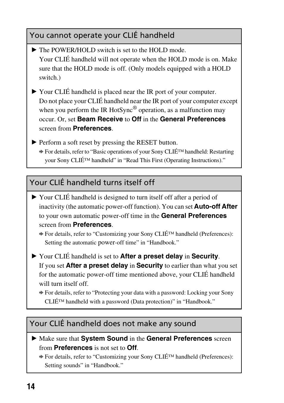 You cannot operate your clié handheld, Your clié handheld turns itself off, Your clié handheld does not make any sound | Sony PEG-SJ22 User Manual | Page 14 / 52