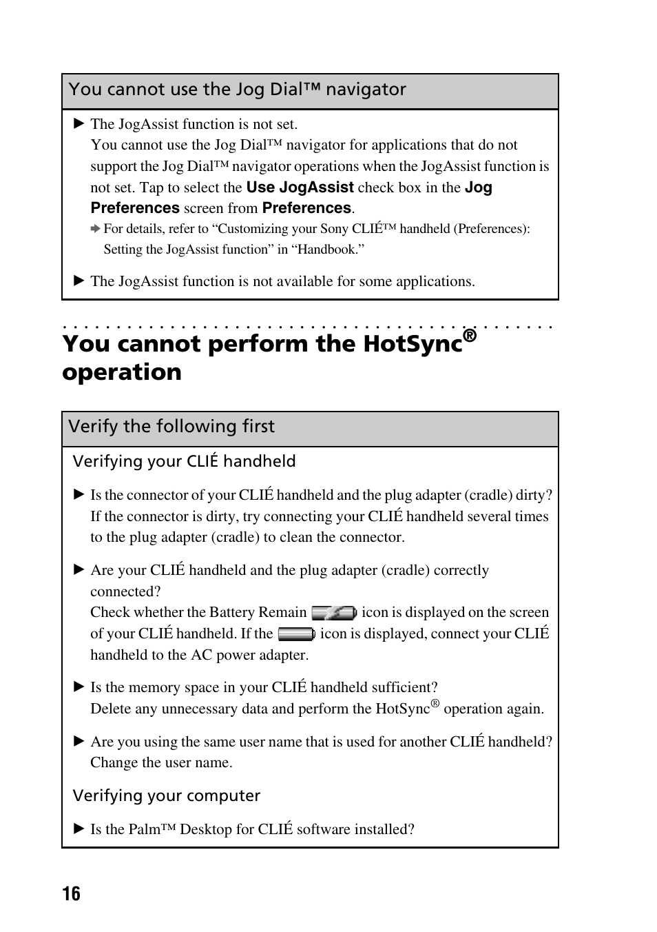 You cannot perform the hotsync® operation, You cannot perform the hotsync, Operation | You cannot use the jog dial™ navigator, Verify the following first | Sony PEG-SJ22 User Manual | Page 16 / 52