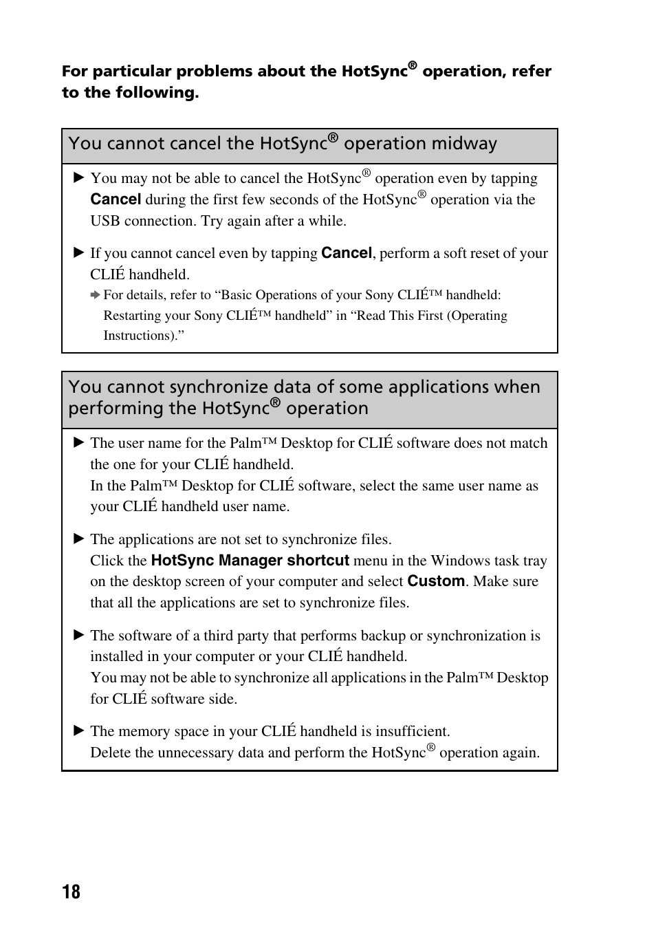 You cannot cancel the hotsync, Operation midway, Operation | Sony PEG-SJ22 User Manual | Page 18 / 52