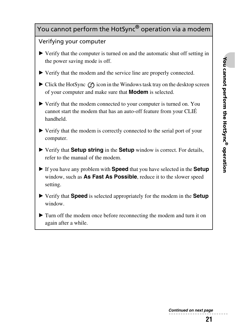 You cannot perform the hotsync, Operation via a modem | Sony PEG-SJ22 User Manual | Page 21 / 52
