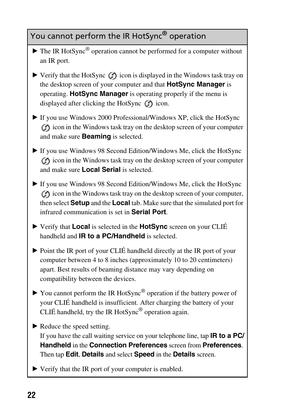 You cannot perform the ir hotsync, Operation | Sony PEG-SJ22 User Manual | Page 22 / 52