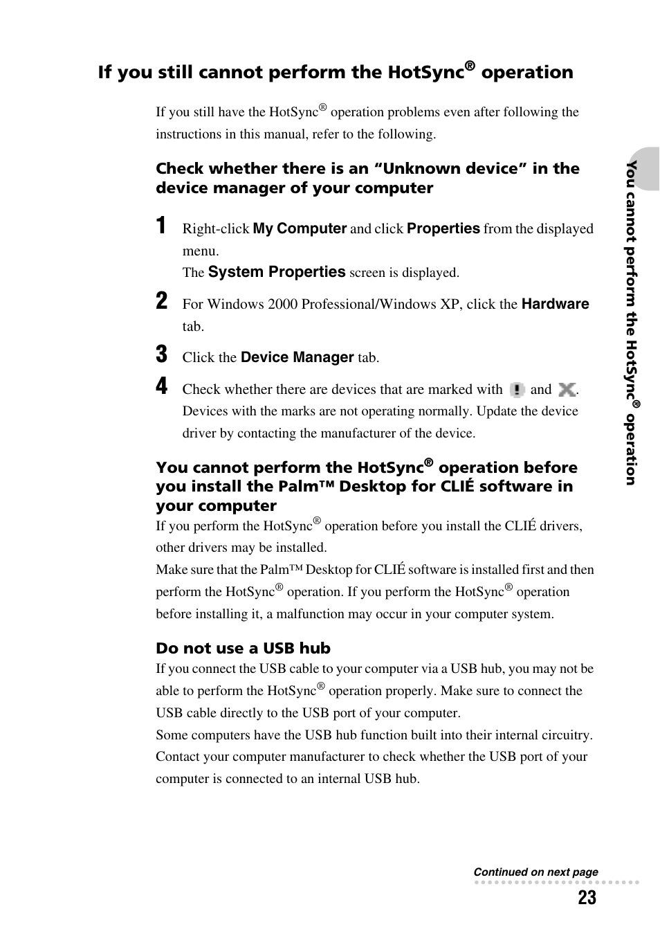 If you still cannot perform the hotsync, Operation | Sony PEG-SJ22 User Manual | Page 23 / 52
