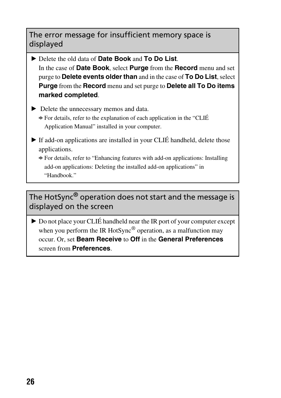 The hotsync, Operation does not start and the message is, Displayed on the screen | Sony PEG-SJ22 User Manual | Page 26 / 52