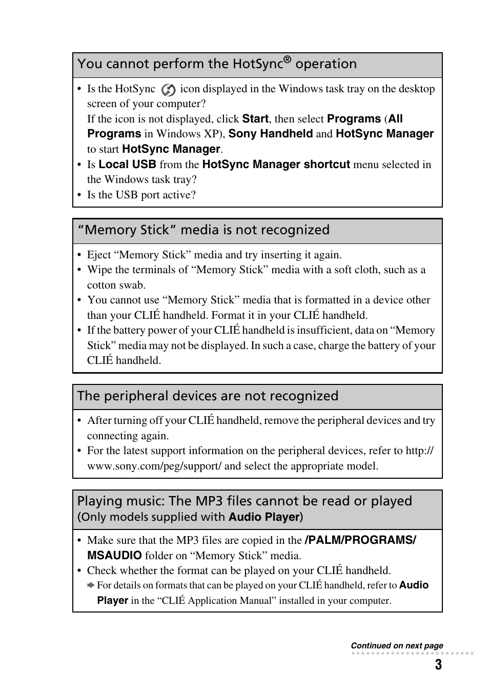 You cannot perform the hotsync, Operation, The peripheral devices are not recognized | Sony PEG-SJ22 User Manual | Page 3 / 52