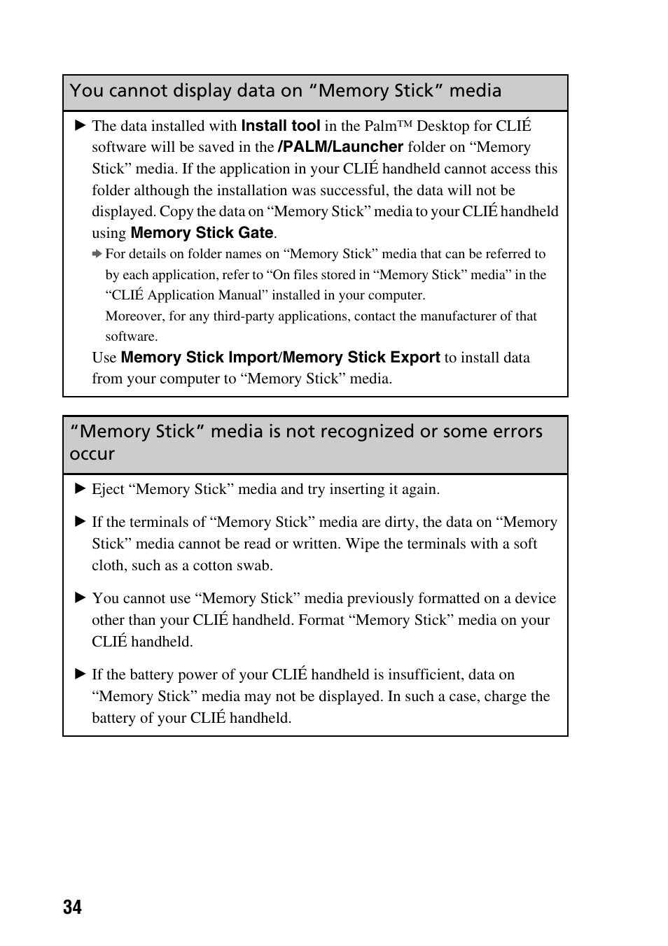 You cannot display data on “memory stick” media | Sony PEG-SJ22 User Manual | Page 34 / 52