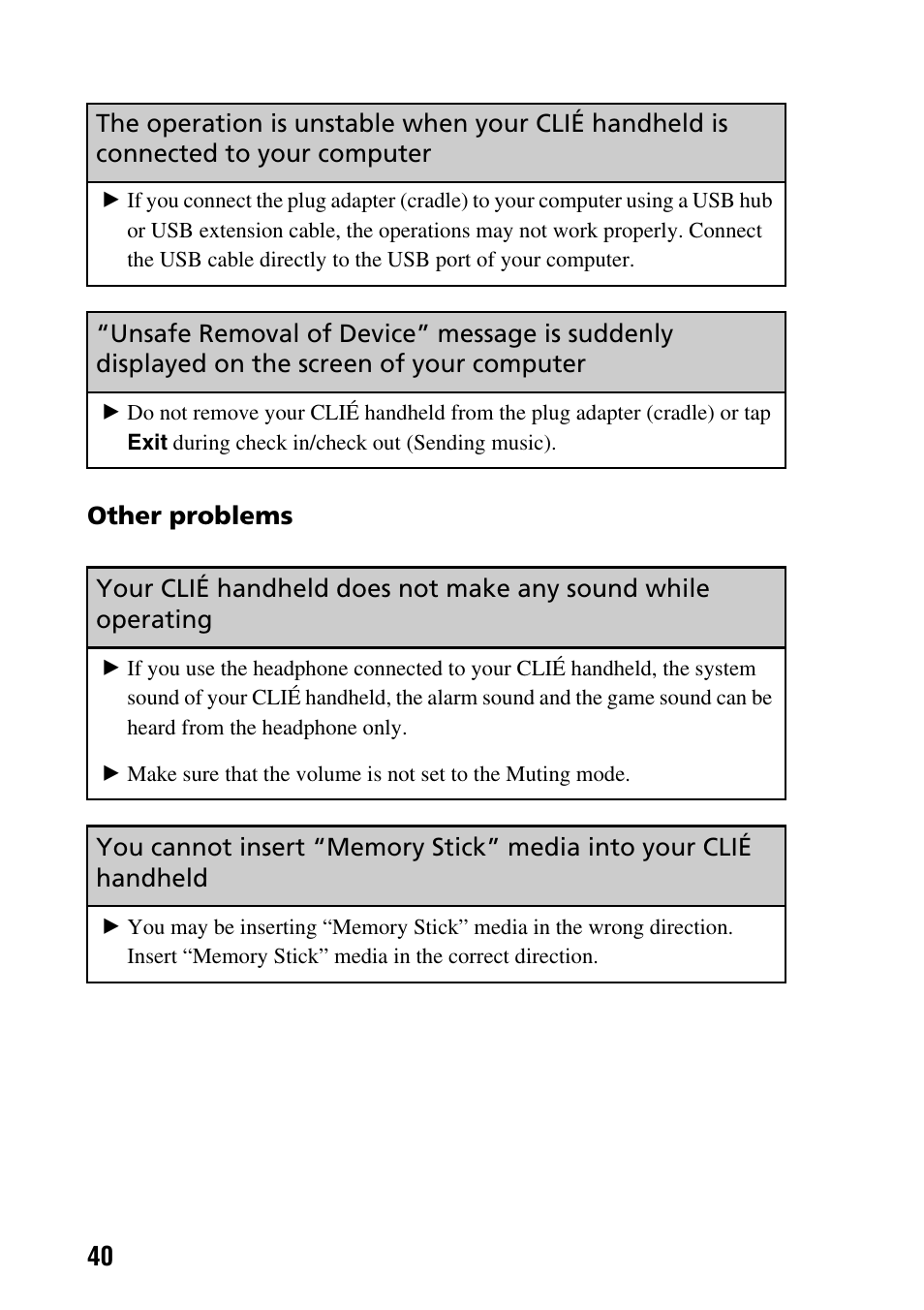 Other problems | Sony PEG-SJ22 User Manual | Page 40 / 52
