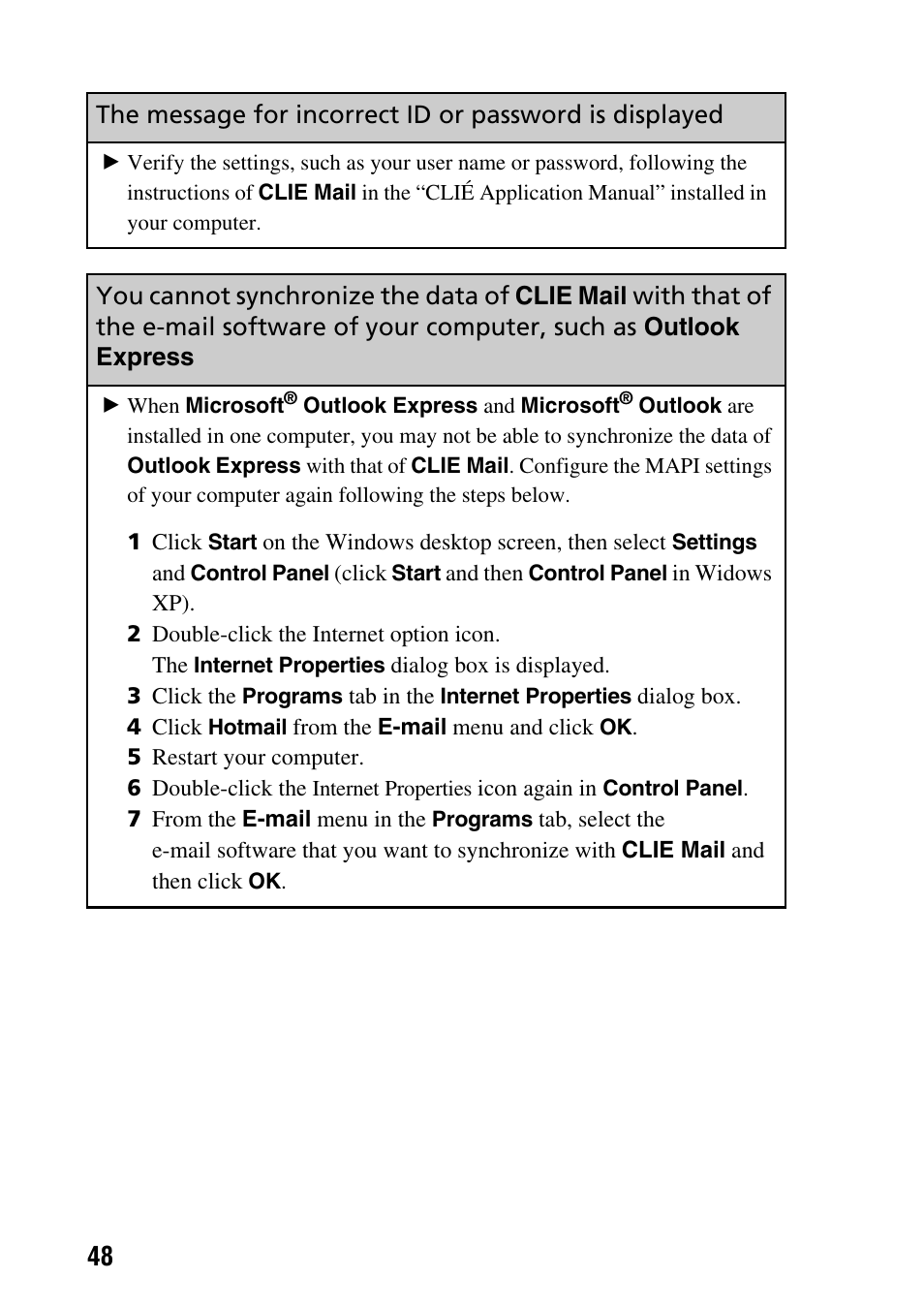 You cannot synchronize the data of, Clie mail, With that of | The e-mail software of your computer, such as, Outlook, Express | Sony PEG-SJ22 User Manual | Page 48 / 52