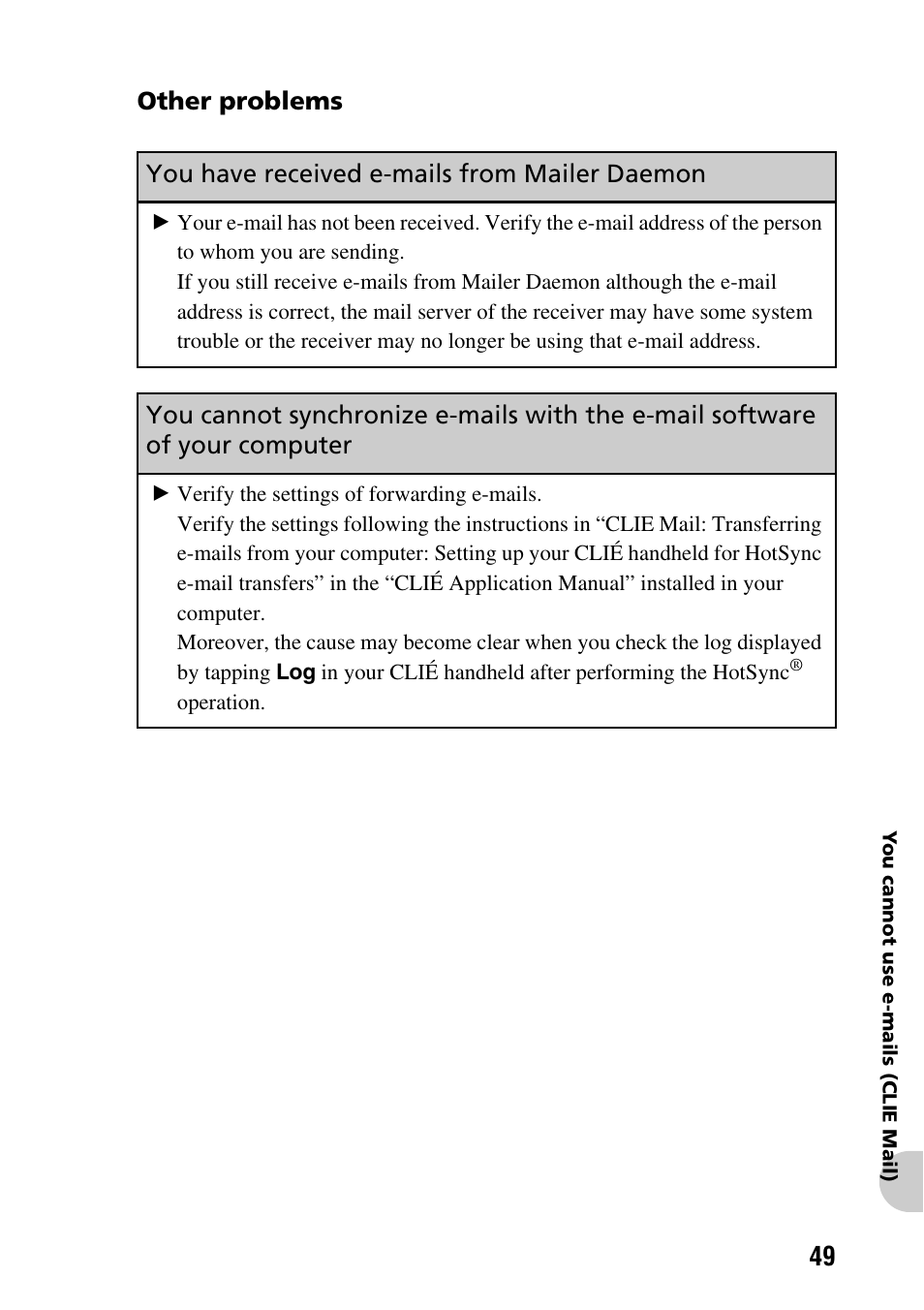 Other problems, You have received e-mails from mailer daemon | Sony PEG-SJ22 User Manual | Page 49 / 52